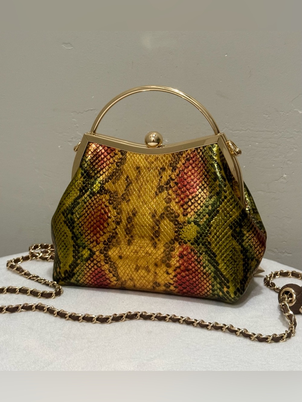 Colorful Embossed Leather Handmade Kisslock Frame Top Handle Bag, Crossbody